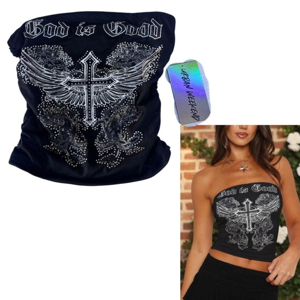 Y2K RHINESTONE CROSS ANGEL WINGS GOD IS GOOD BLING BLACK TUBE TOP SMALL NWT